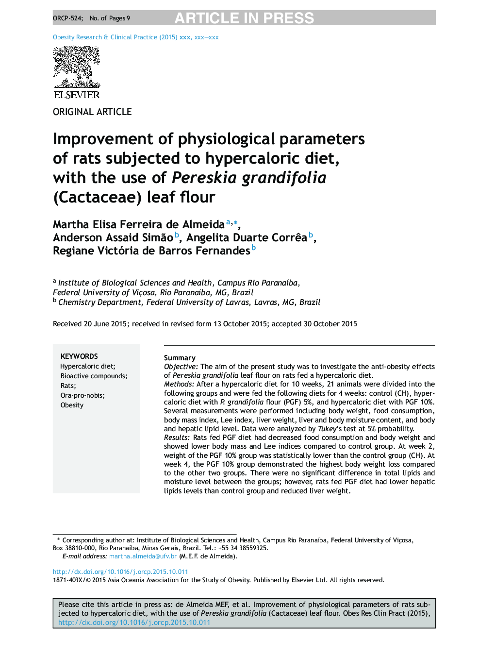 Improvement of physiological parameters of rats subjected to hypercaloric diet, with the use of Pereskia grandifolia (Cactaceae) leaf flour