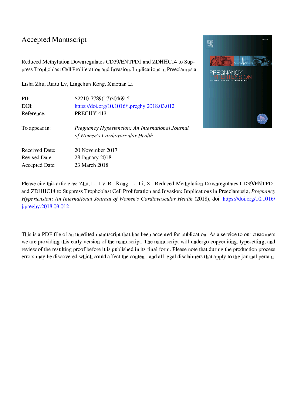 Reduced methylation downregulates CD39/ENTPD1 and ZDHHC14 to suppress trophoblast cell proliferation and invasion: Implications in preeclampsia