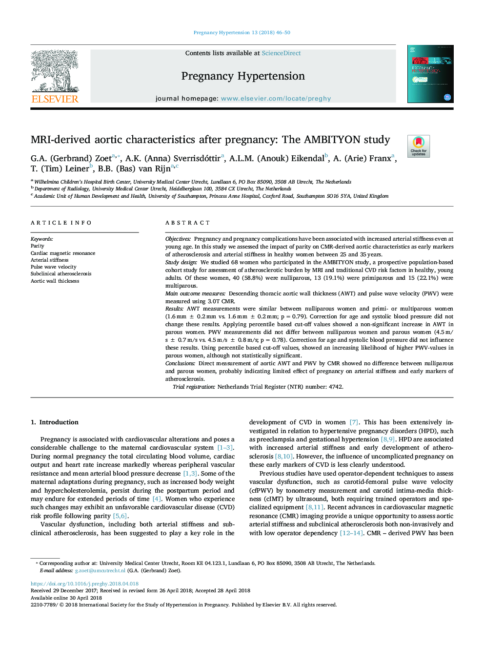 MRI-derived aortic characteristics after pregnancy: The AMBITYON study