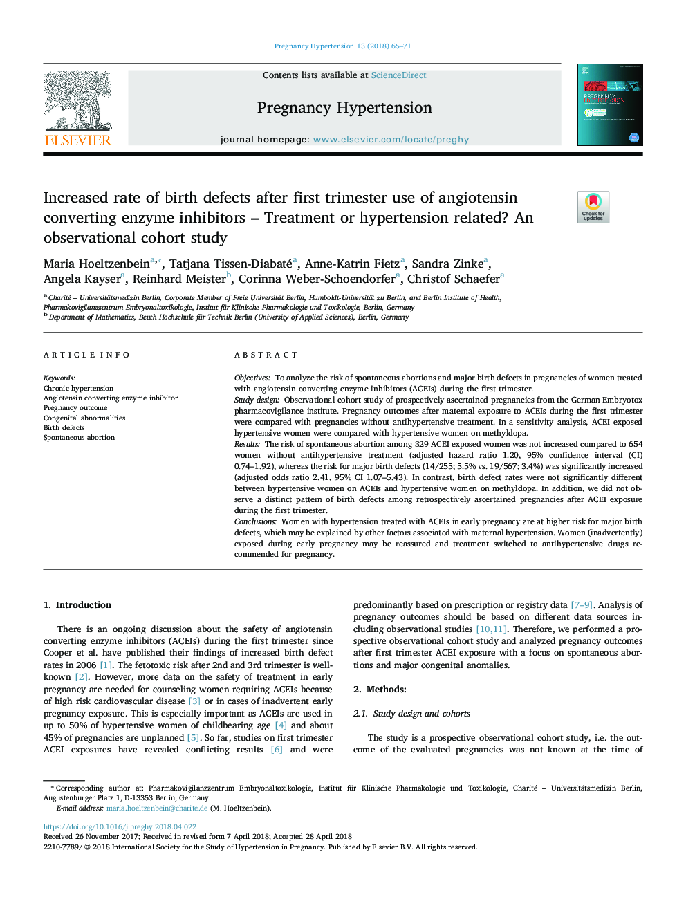 Increased rate of birth defects after first trimester use of angiotensin converting enzyme inhibitors - Treatment or hypertension related? An observational cohort study