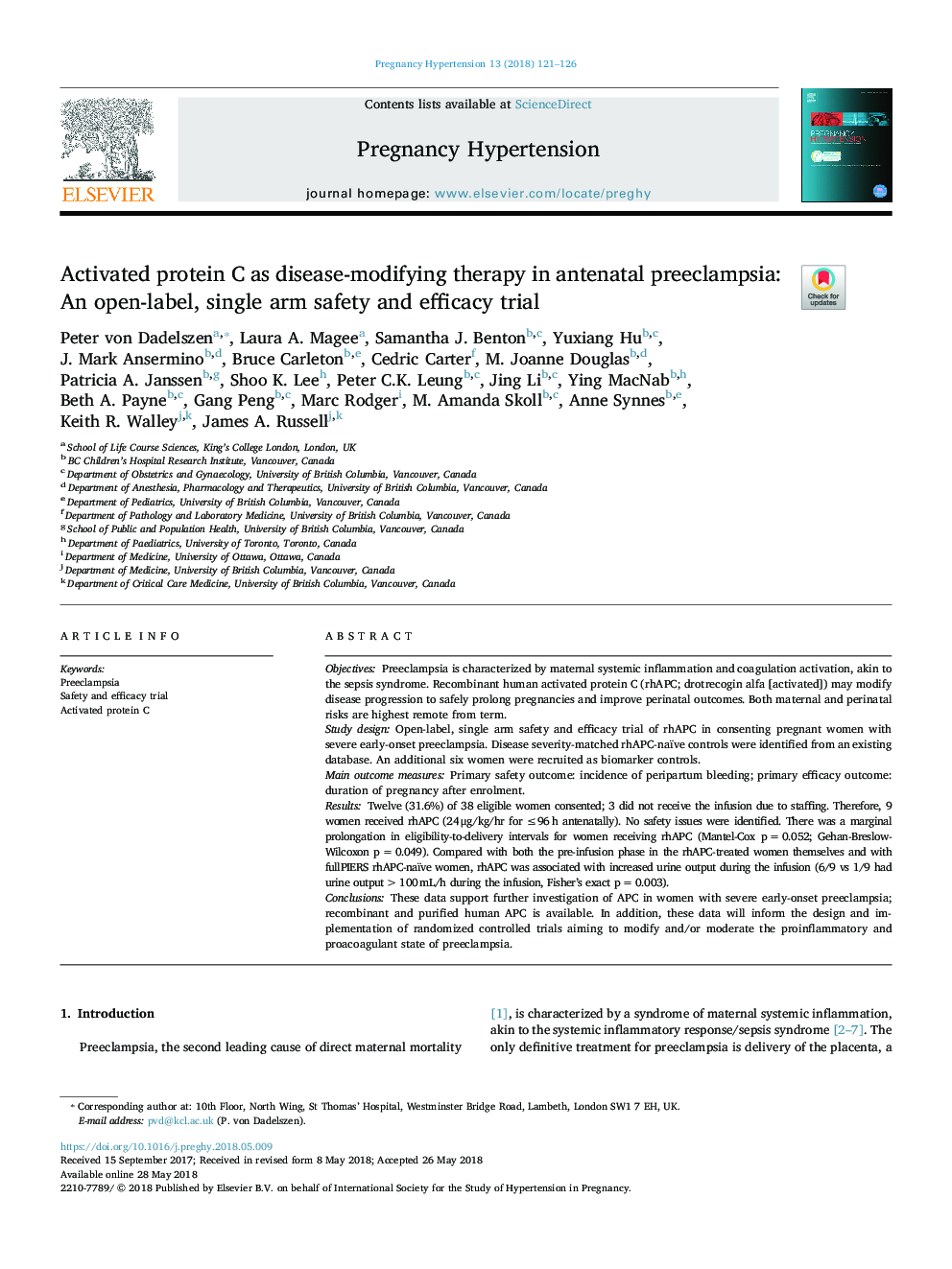 Activated protein C as disease-modifying therapy in antenatal preeclampsia: An open-label, single arm safety and efficacy trial