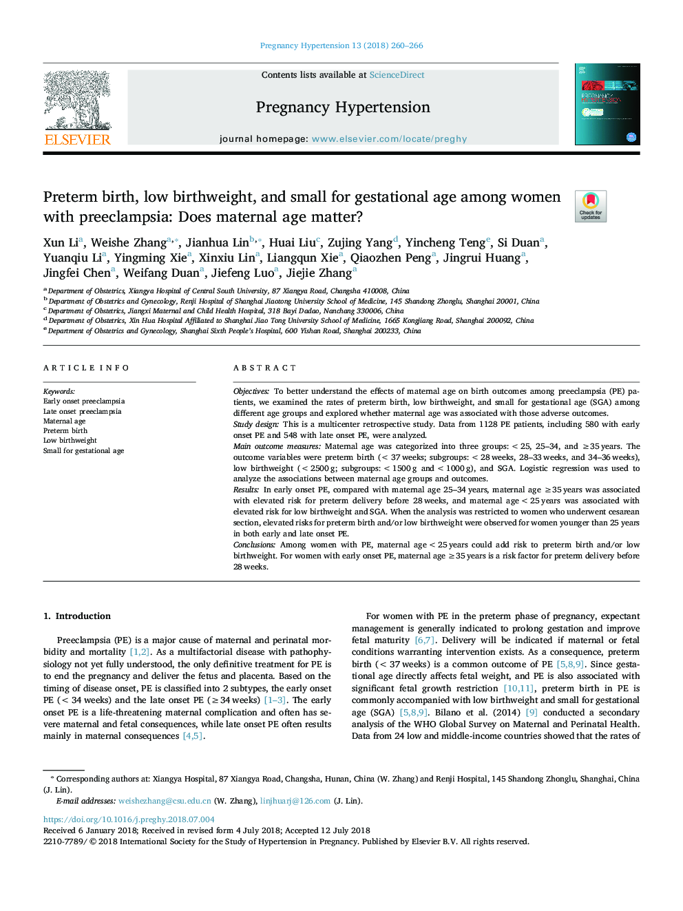 Preterm birth, low birthweight, and small for gestational age among women with preeclampsia: Does maternal age matter?