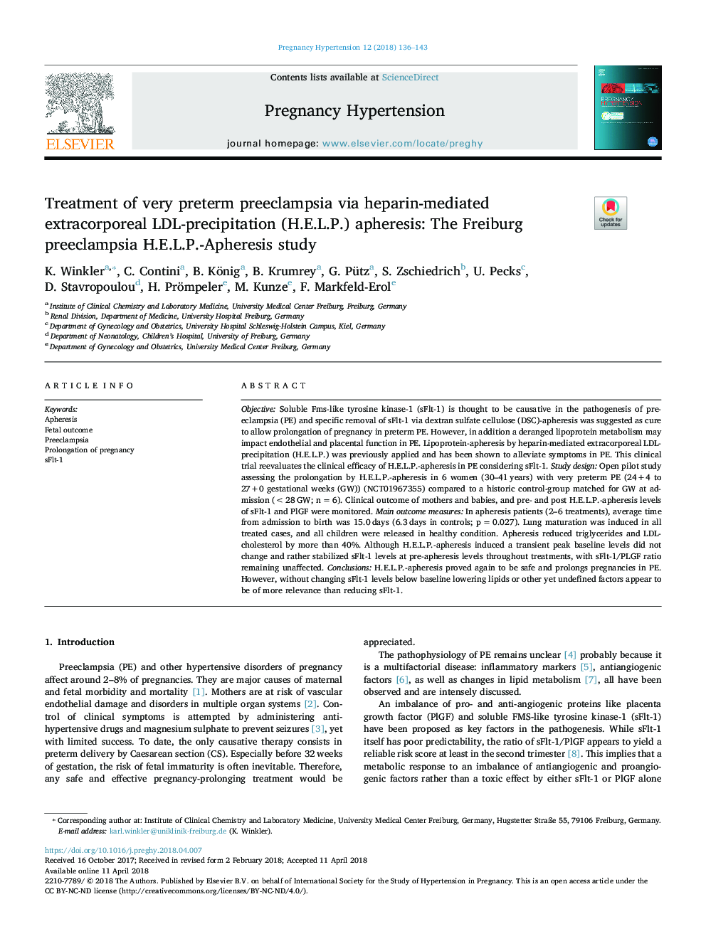 Treatment of very preterm preeclampsia via heparin-mediated extracorporeal LDL-precipitation (H.E.L.P.) apheresis: The Freiburg preeclampsia H.E.L.P.-Apheresis study