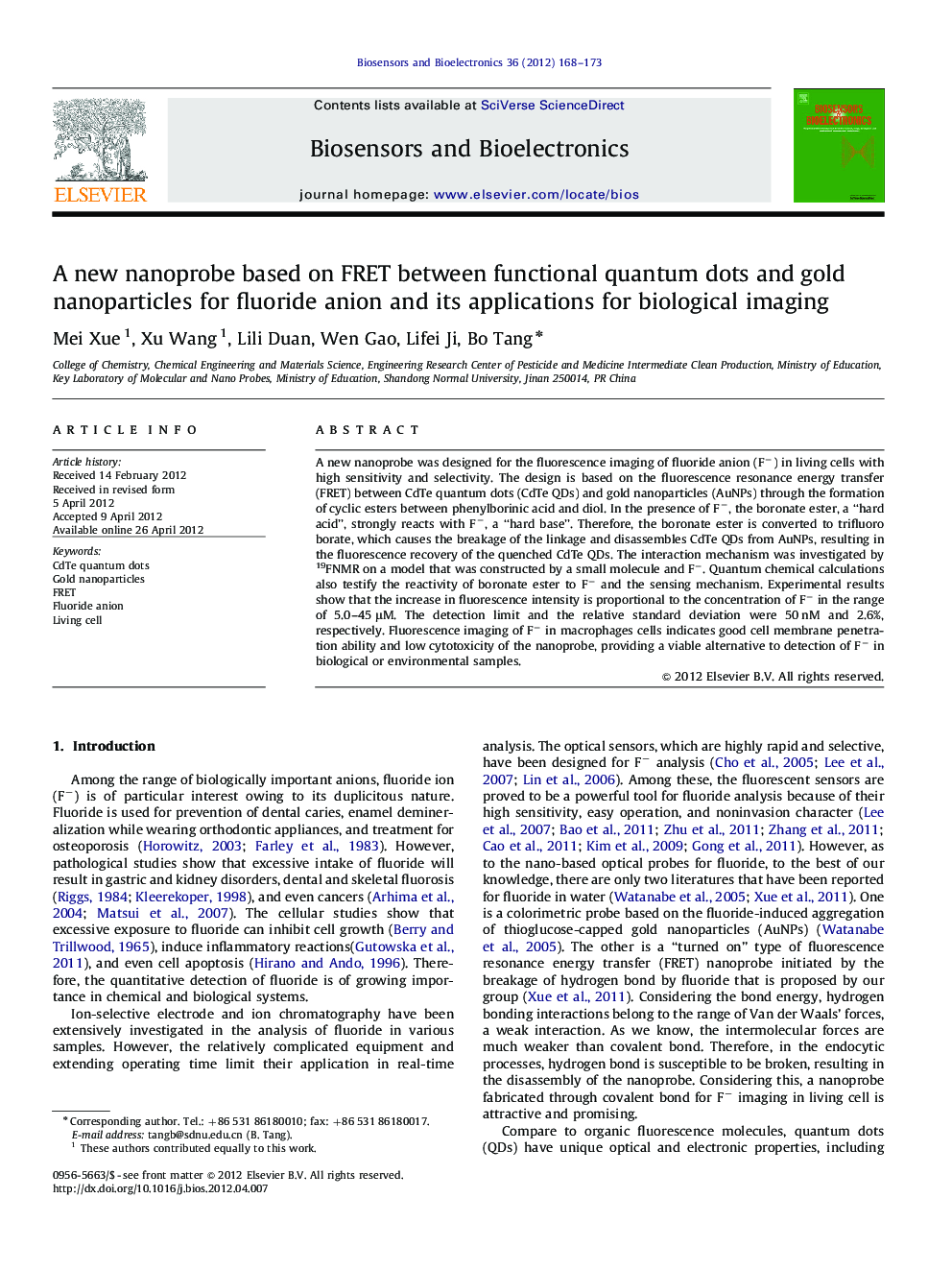 A new nanoprobe based on FRET between functional quantum dots and gold nanoparticles for fluoride anion and its applications for biological imaging