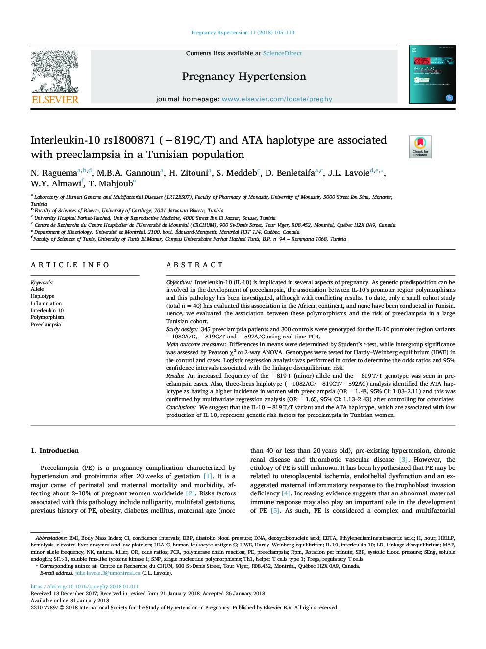 Interleukin-10 rs1800871 (â819C/T) and ATA haplotype are associated with preeclampsia in a Tunisian population