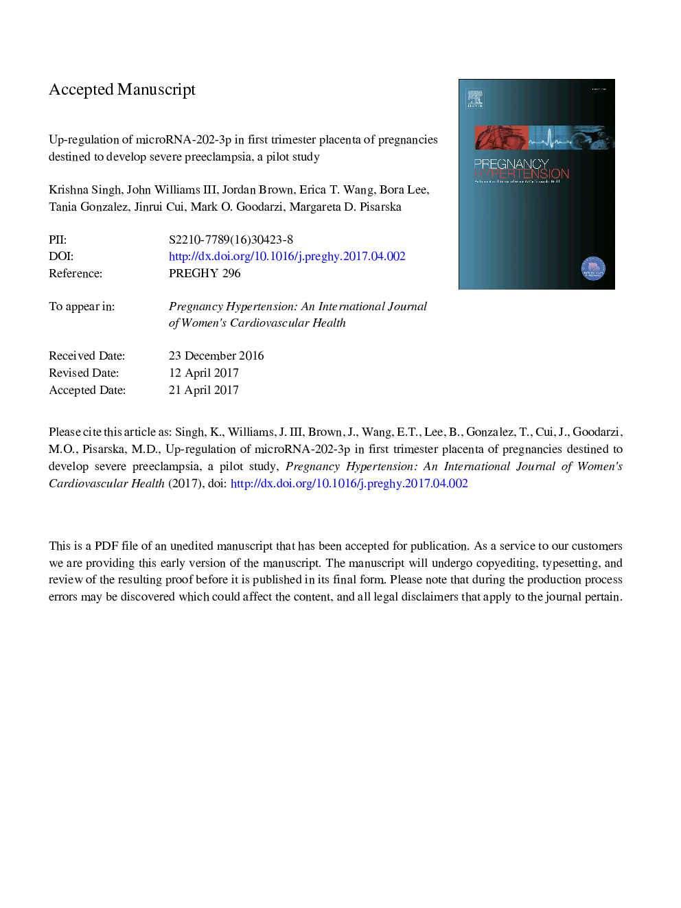 Up-regulation of microRNA-202-3p in first trimester placenta of pregnancies destined to develop severe preeclampsia, a pilot study