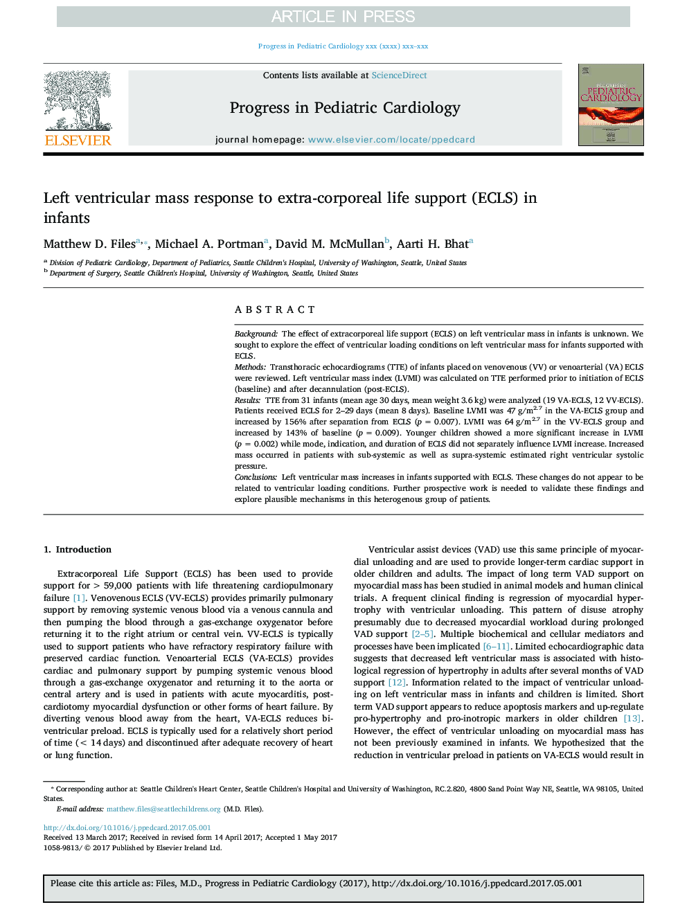 عکس صفحه اول مقاله: Left ventricular mass response to extra-corporeal life support (ECLS) in infants Left ventricular mass response to extra-corporeal life support (ECLS) in infants