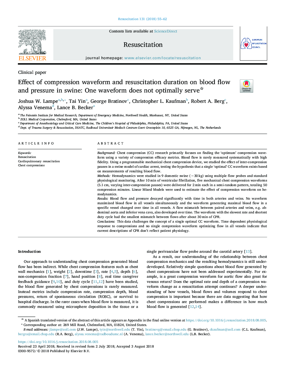 Effect of compression waveform and resuscitation duration on blood flow and pressure in swine: One waveform does not optimally serve