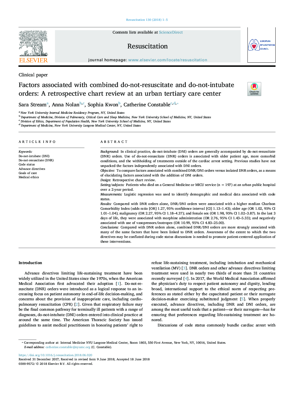 Factors associated with combined do-not-resuscitate and do-not-intubate orders: A retrospective chart review at an urban tertiary care center