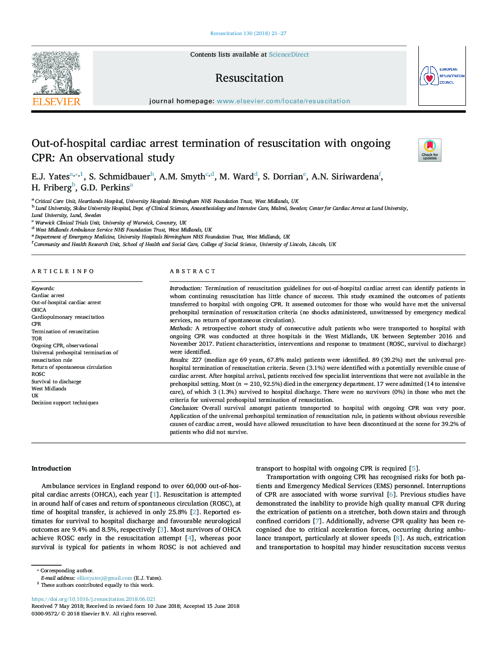 Out-of-hospital cardiac arrest termination of resuscitation with ongoing CPR: An observational study