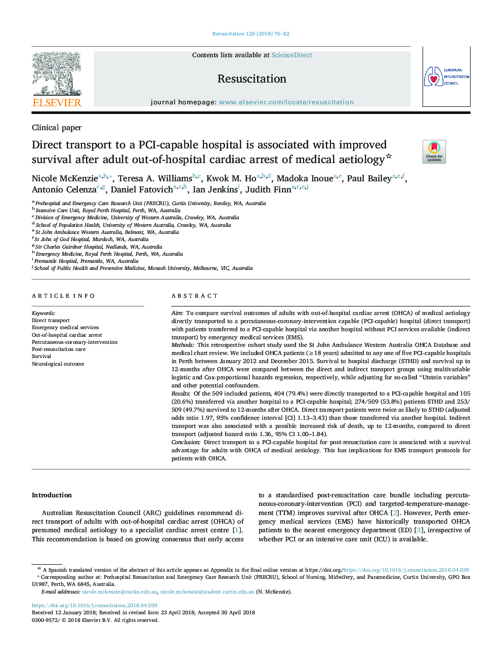 Direct transport to a PCI-capable hospital is associated with improved survival after adult out-of-hospital cardiac arrest of medical aetiology