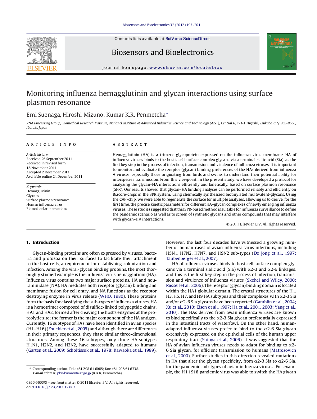 عکس صفحه اول مقاله: Monitoring influenza hemagglutinin and glycan interactions using surface plasmon resonance Monitoring influenza hemagglutinin and glycan interactions using surface plasmon resonance