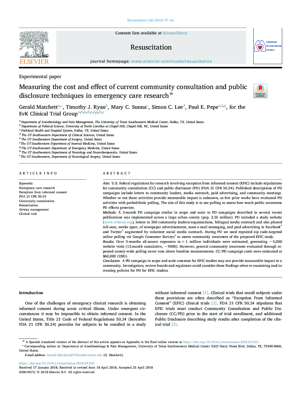 Measuring the cost and effect of current community consultation and public disclosure techniques in emergency care research