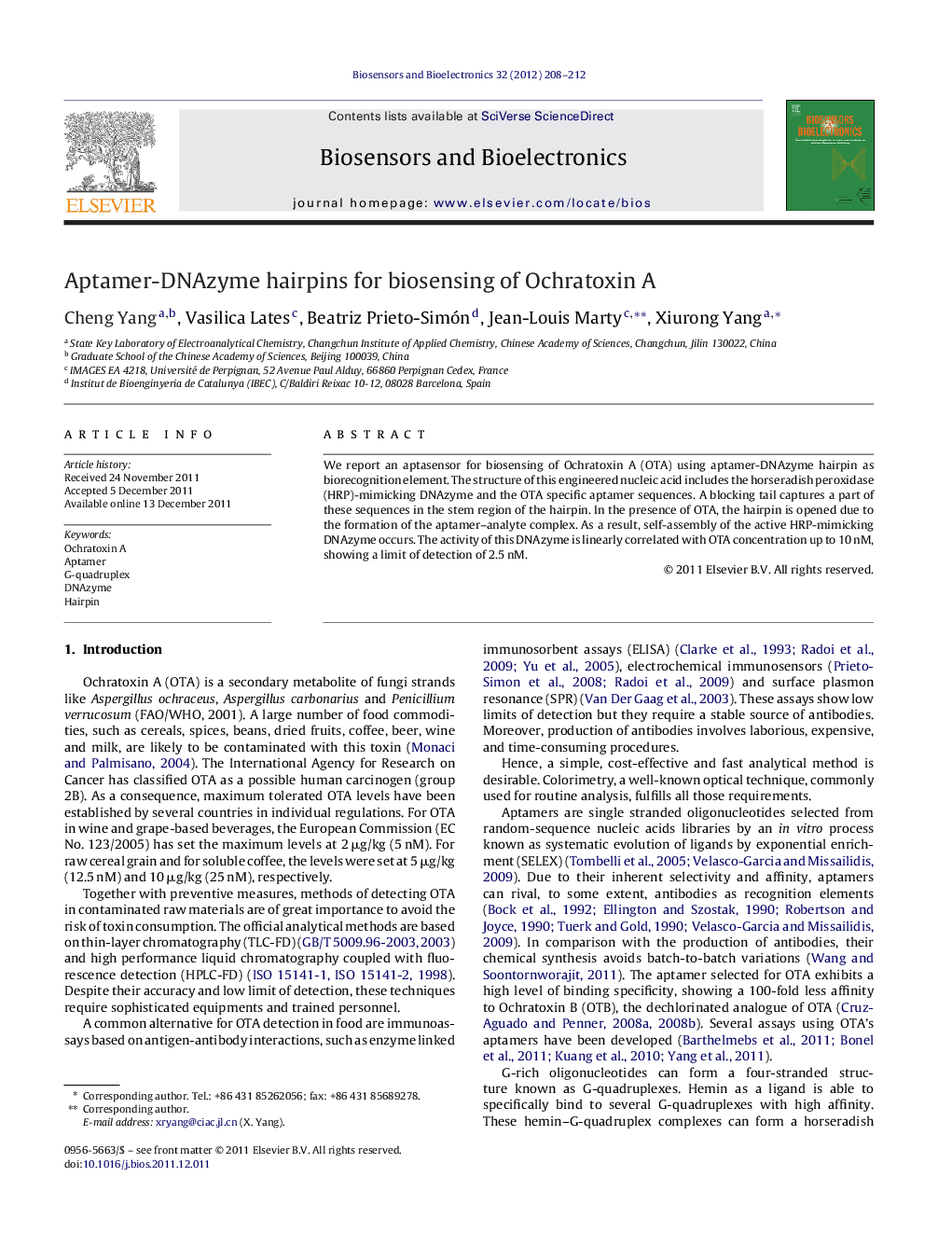 Aptamer-DNAzyme hairpins for biosensing of Ochratoxin A