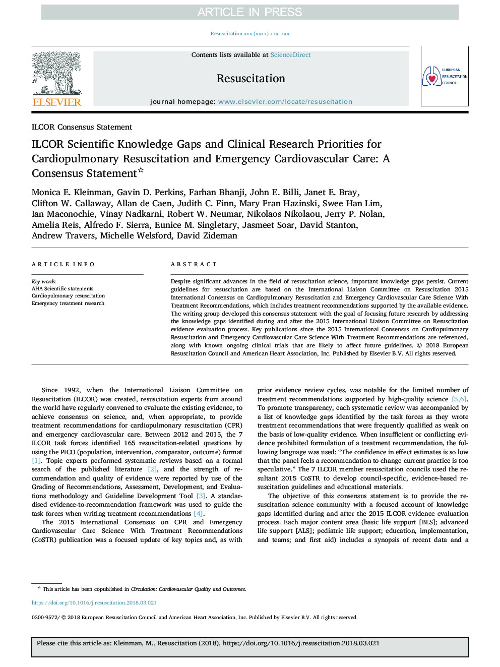 ILCOR Scientific Knowledge Gaps and Clinical Research Priorities for Cardiopulmonary Resuscitation and Emergency Cardiovascular Care: A Consensus Statement