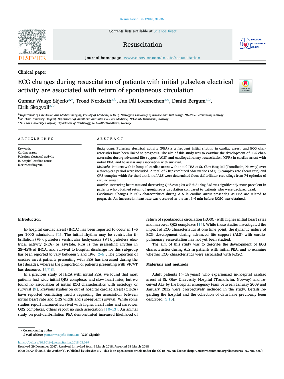 ECG changes during resuscitation of patients with initial pulseless electrical activity are associated with return of spontaneous circulation