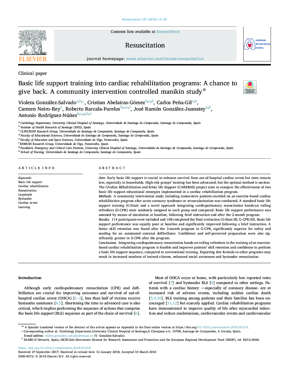 Basic life support training into cardiac rehabilitation programs: A chance to give back. A community intervention controlled manikin study