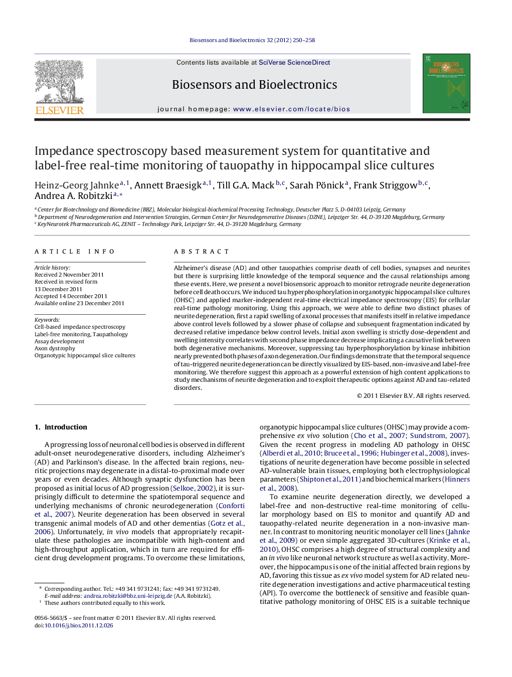 Impedance spectroscopy based measurement system for quantitative and label-free real-time monitoring of tauopathy in hippocampal slice cultures