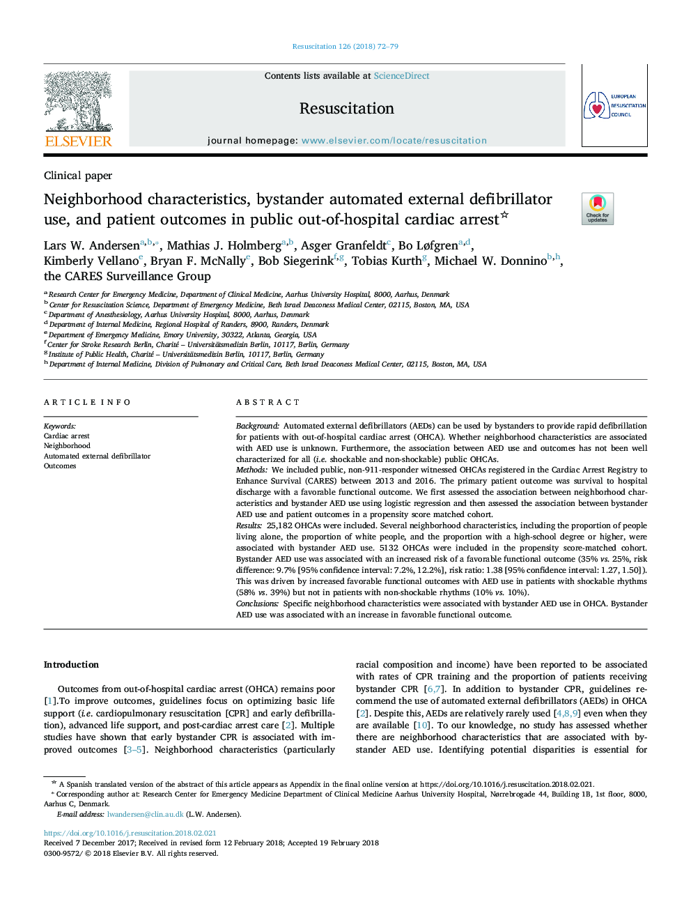 Neighborhood characteristics, bystander automated external defibrillator use, and patient outcomes in public out-of-hospital cardiac arrest