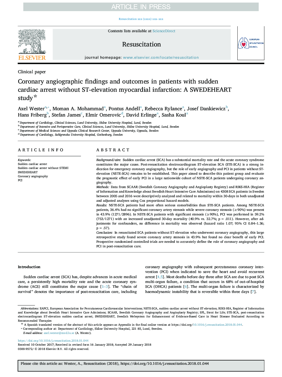 Coronary angiographic findings and outcomes in patients with sudden cardiac arrest without ST-elevation myocardial infarction: A SWEDEHEART study