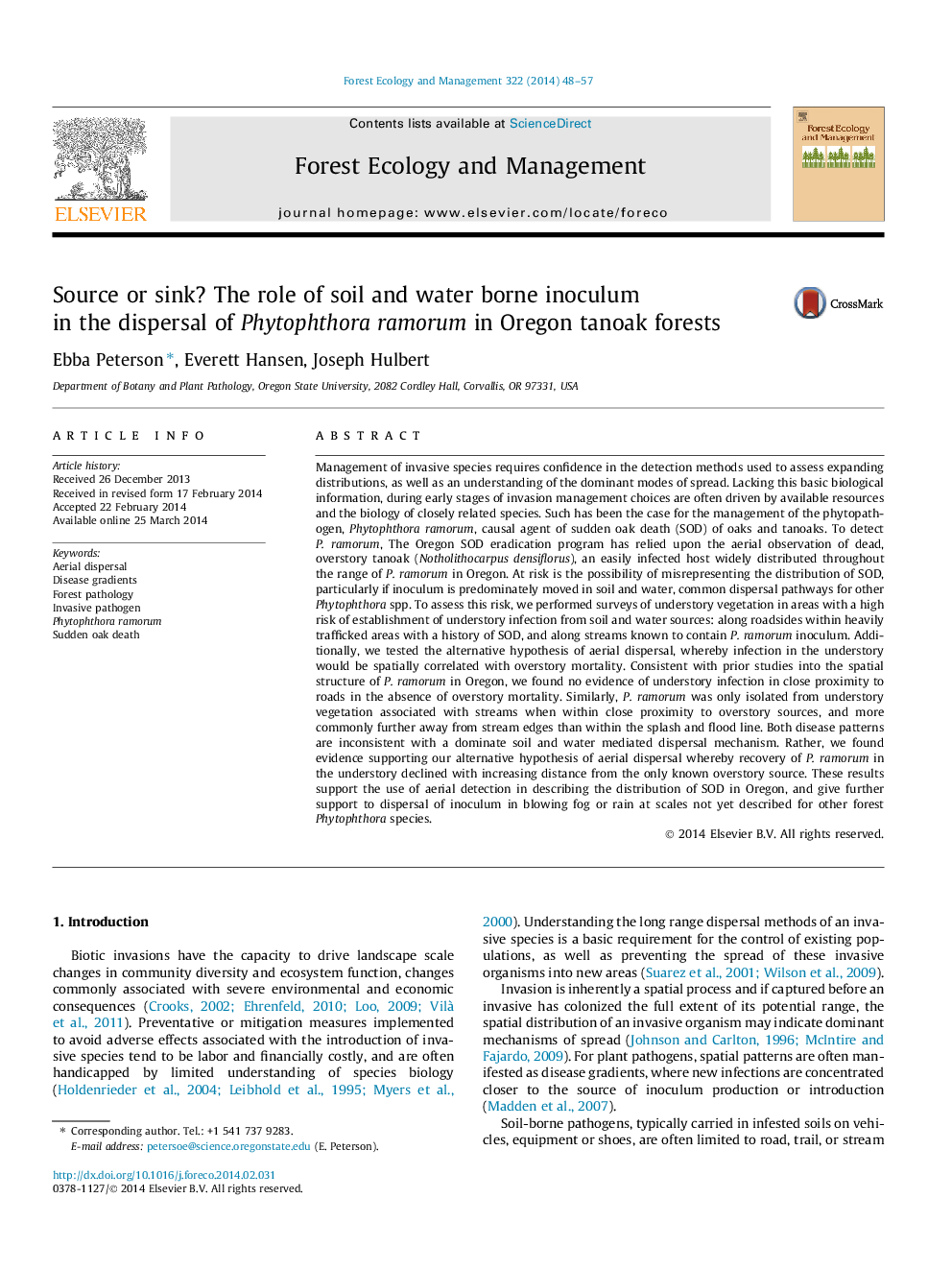 Source or sink? The role of soil and water borne inoculum in the dispersal of Phytophthora ramorum in Oregon tanoak forests