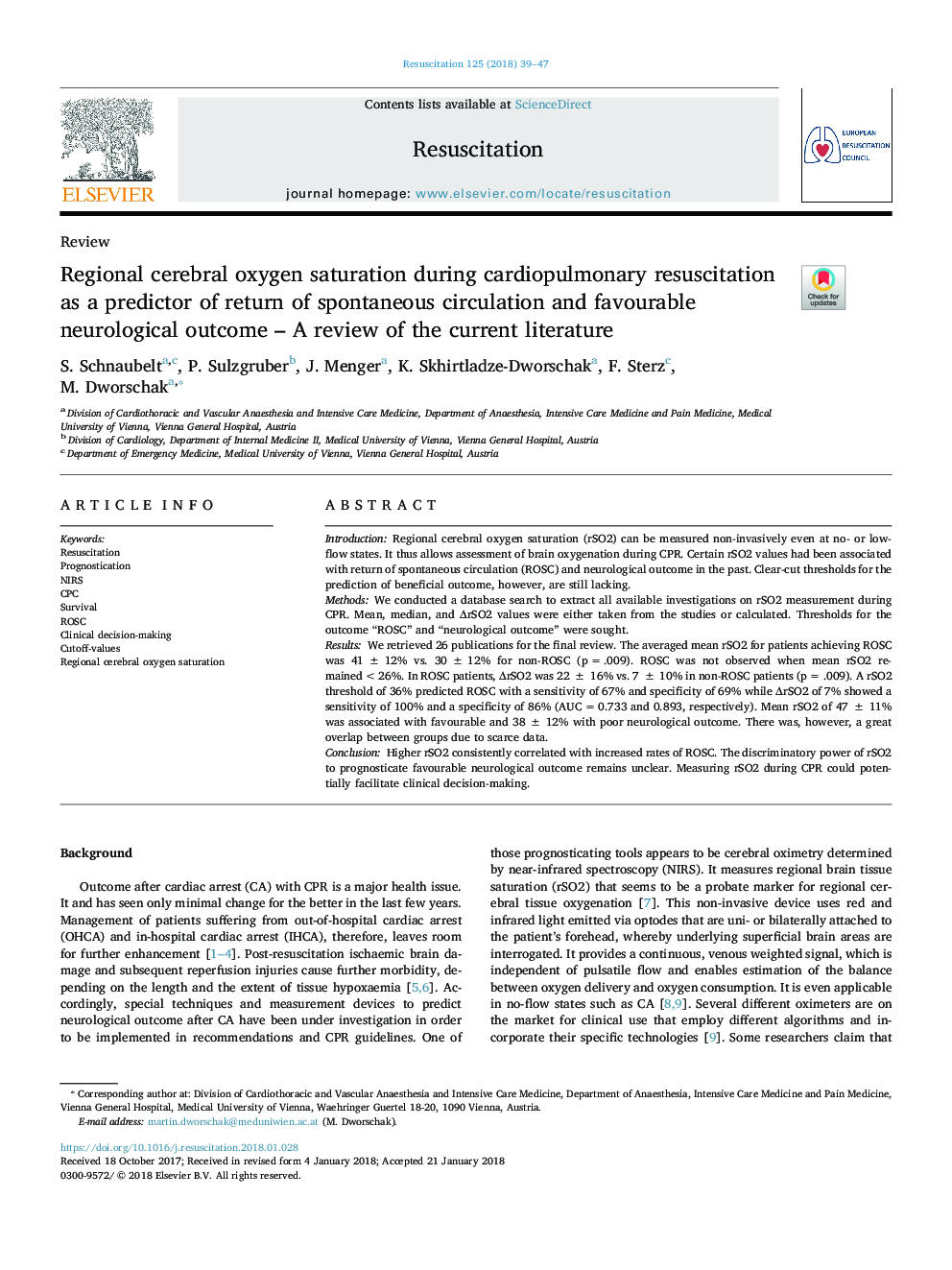 Regional cerebral oxygen saturation during cardiopulmonary resuscitation as a predictor of return of spontaneous circulation and favourable neurological outcome - A review of the current literature