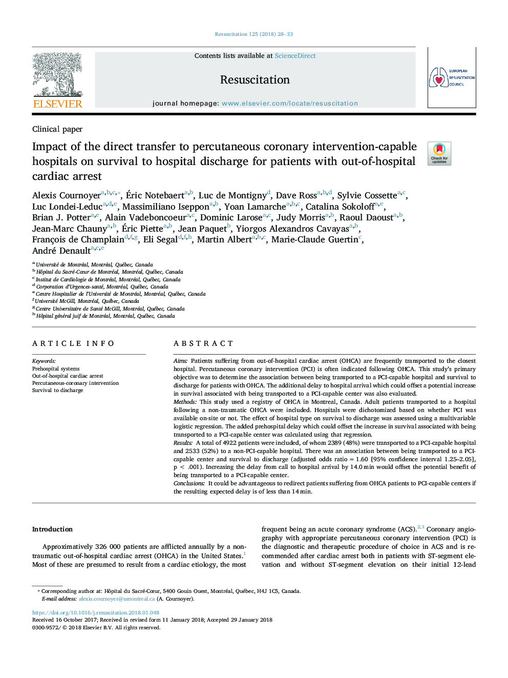 Impact of the direct transfer to percutaneous coronary intervention-capable hospitals on survival to hospital discharge for patients with out-of-hospital cardiac arrest