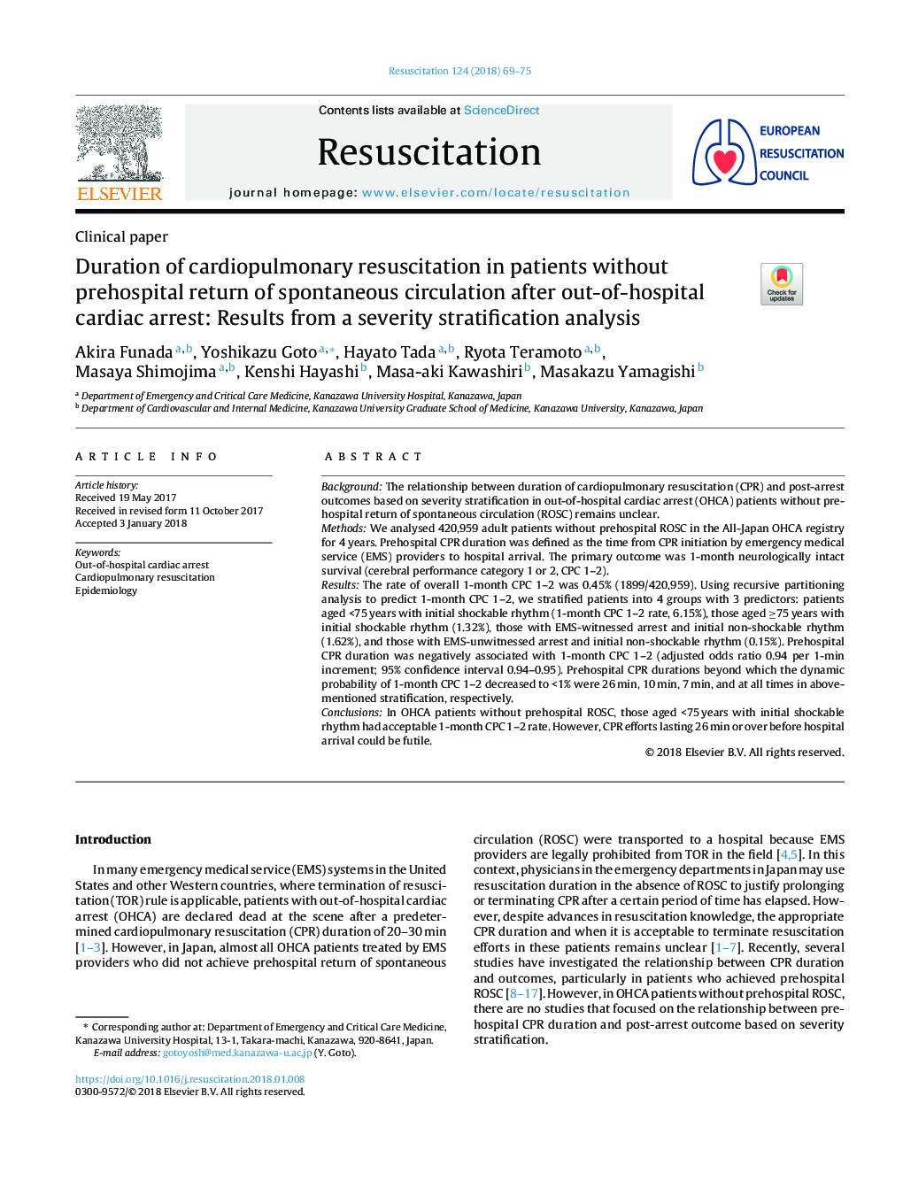 Duration of cardiopulmonary resuscitation in patients without prehospital return of spontaneous circulation after out-of-hospital cardiac arrest: Results from a severity stratification analysis