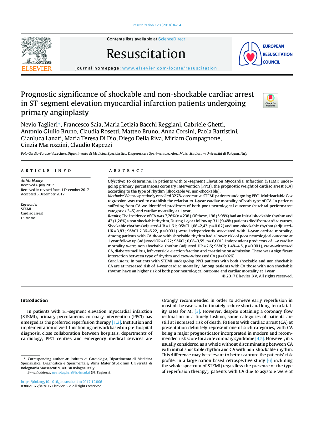 Prognostic significance of shockable and non-shockable cardiac arrest in ST-segment elevation myocardial infarction patients undergoing primary angioplasty