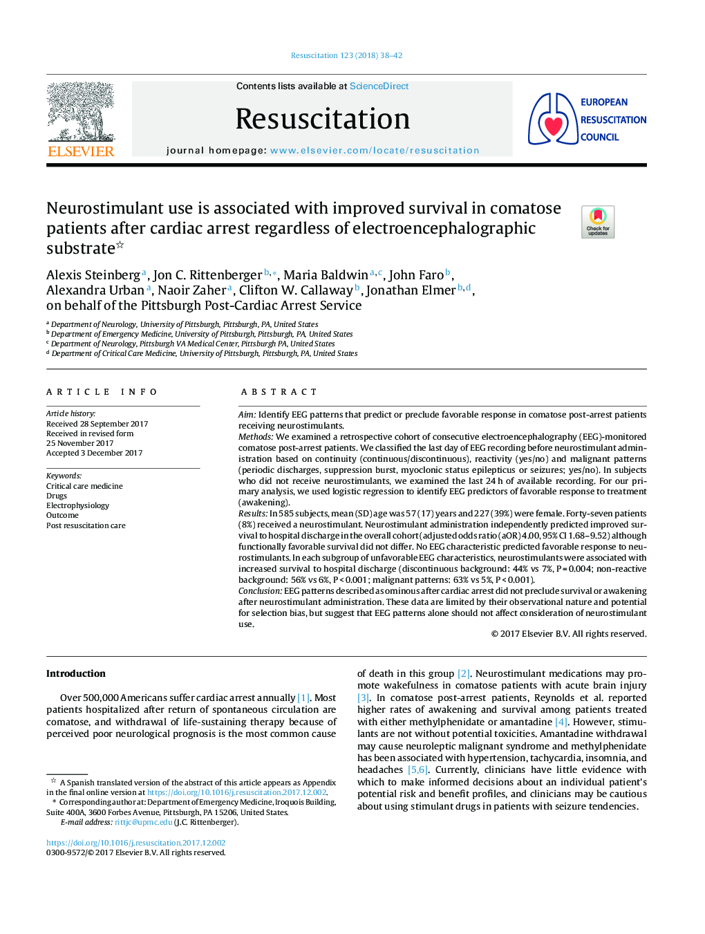 Neurostimulant use is associated with improved survival in comatose patients after cardiac arrest regardless of electroencephalographic substrate