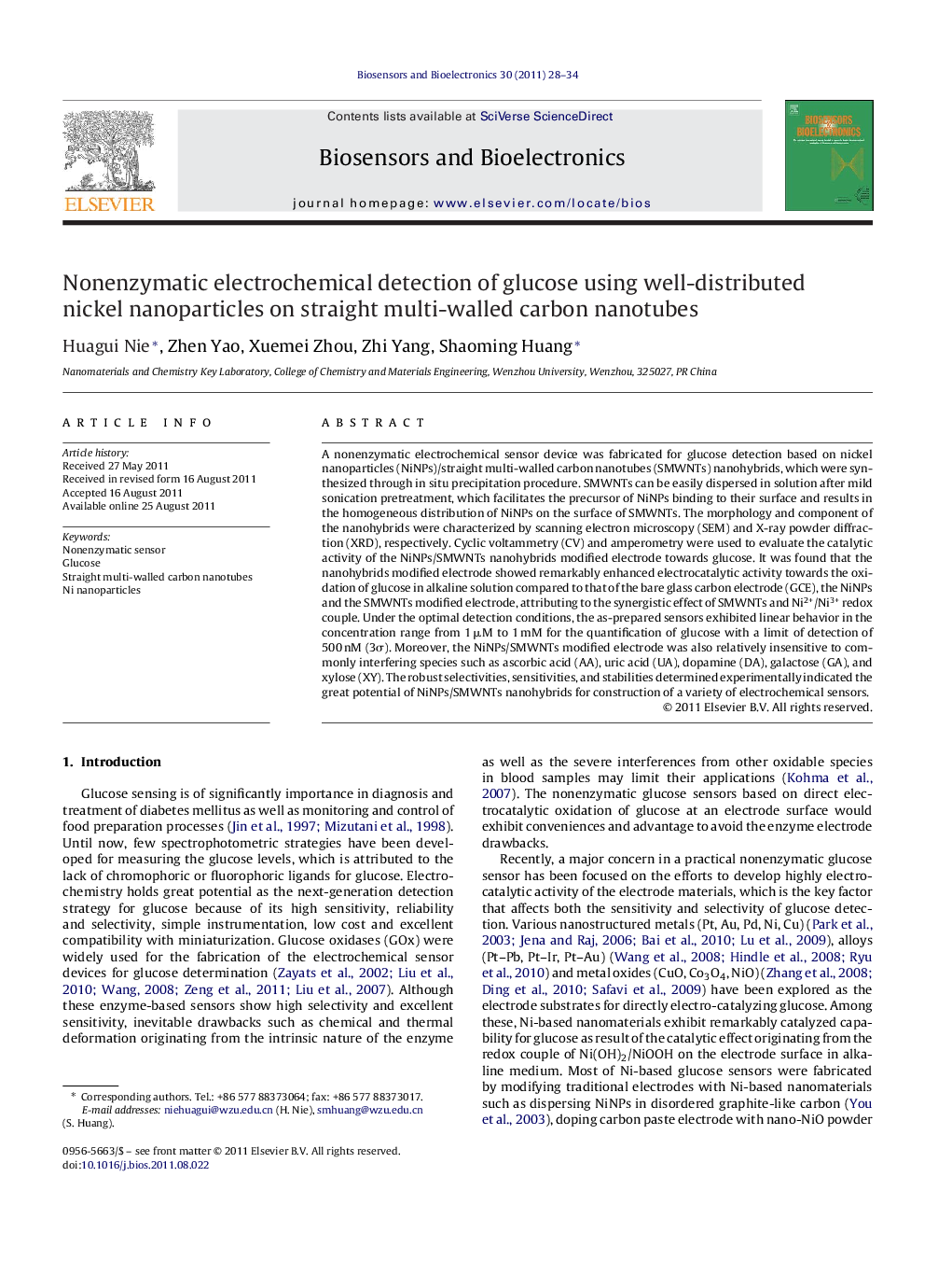 Nonenzymatic electrochemical detection of glucose using well-distributed nickel nanoparticles on straight multi-walled carbon nanotubes