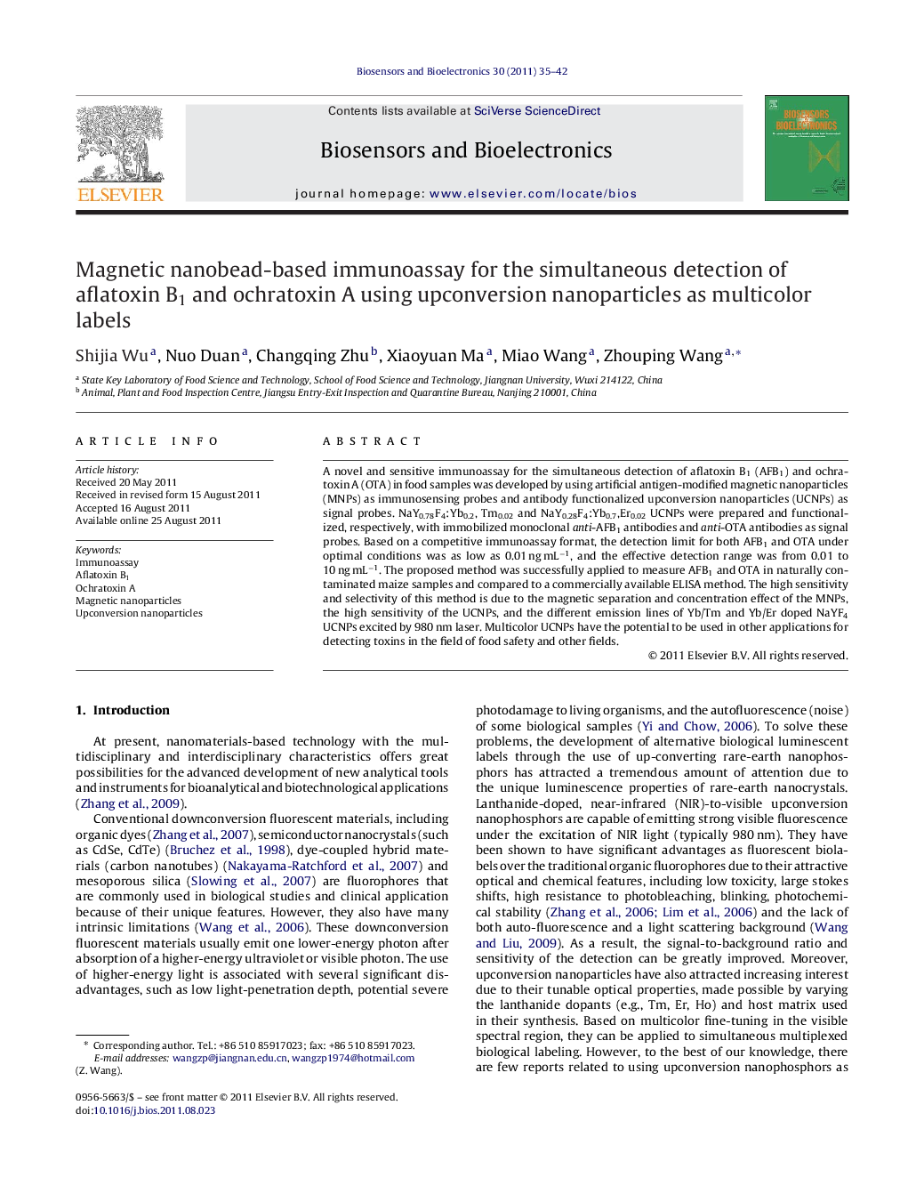 Magnetic nanobead-based immunoassay for the simultaneous detection of aflatoxin B1 and ochratoxin A using upconversion nanoparticles as multicolor labels