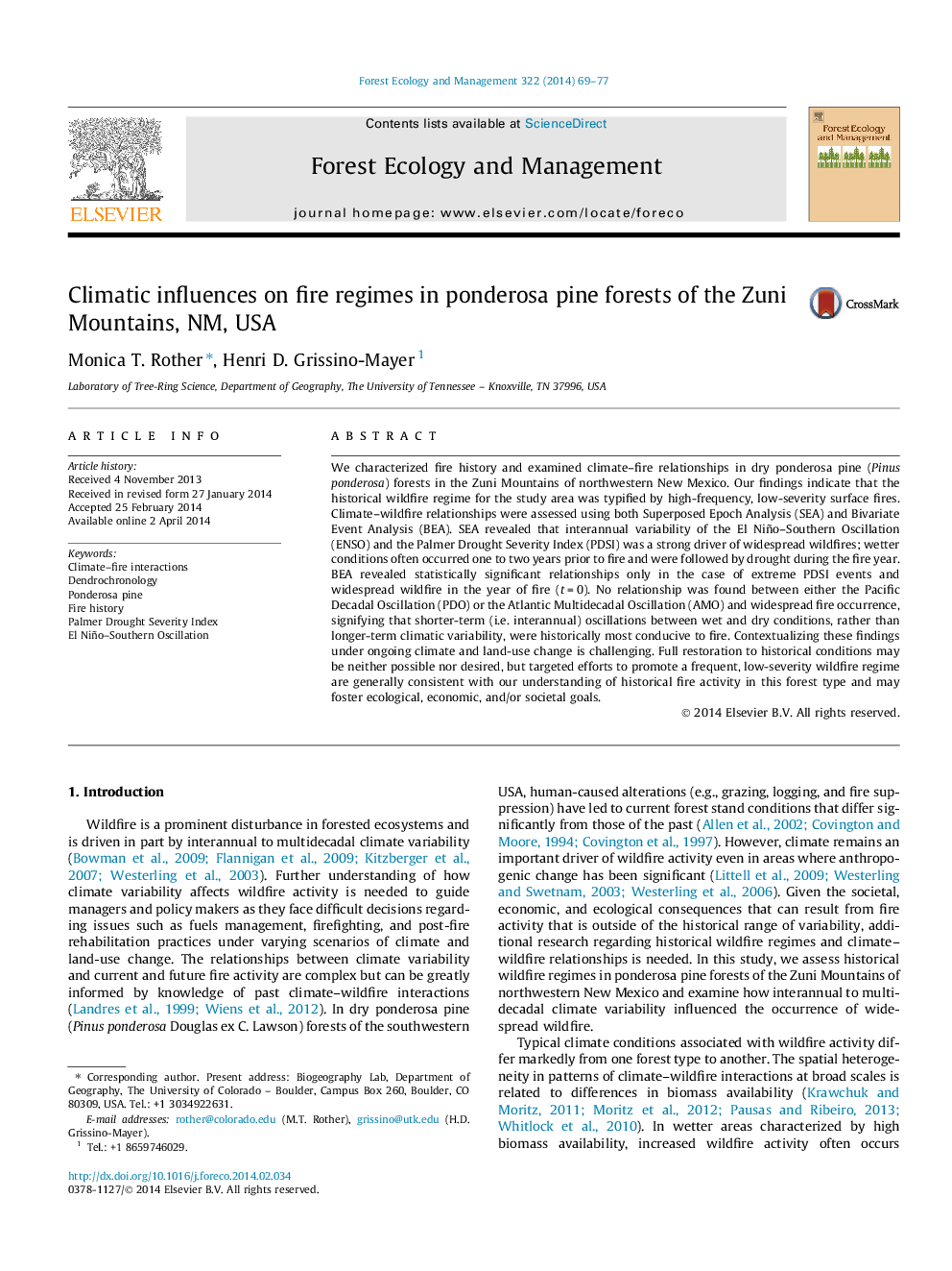 Climatic influences on fire regimes in ponderosa pine forests of the Zuni Mountains, NM, USA