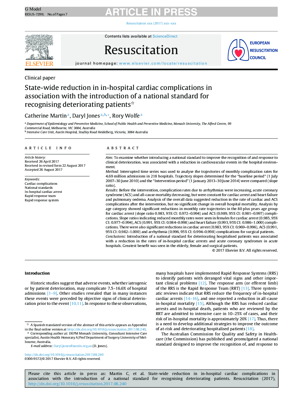 State-wide reduction in in-hospital cardiac complications in association with the introduction of a national standard for recognising deteriorating patients