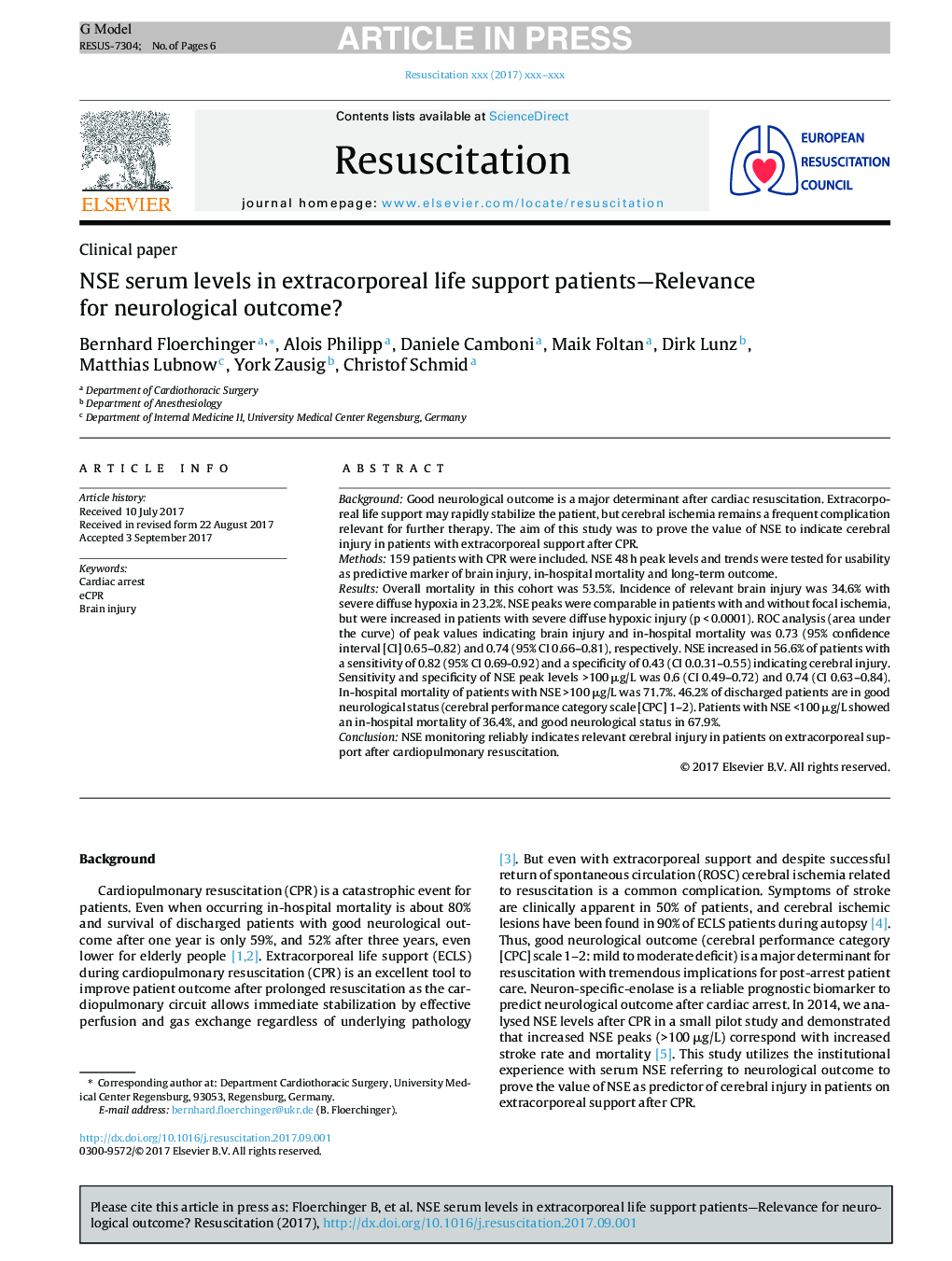 NSE serum levels in extracorporeal life support patients-Relevance for neurological outcome?