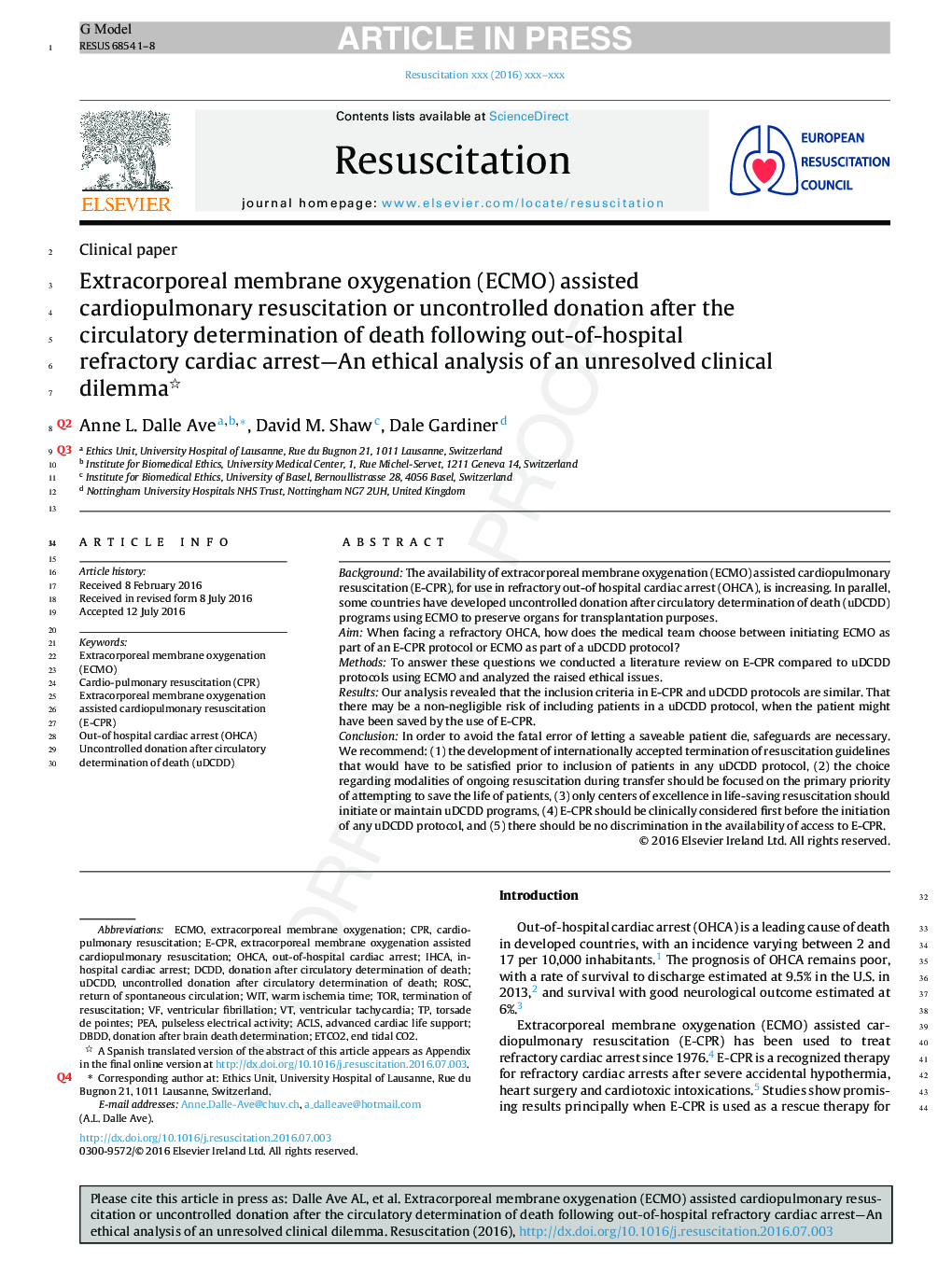 Extracorporeal membrane oxygenation (ECMO) assisted cardiopulmonary resuscitation or uncontrolled donation after the circulatory determination of death following out-of-hospital refractory cardiac arrest-An ethical analysis of an unresolved clinical dilem