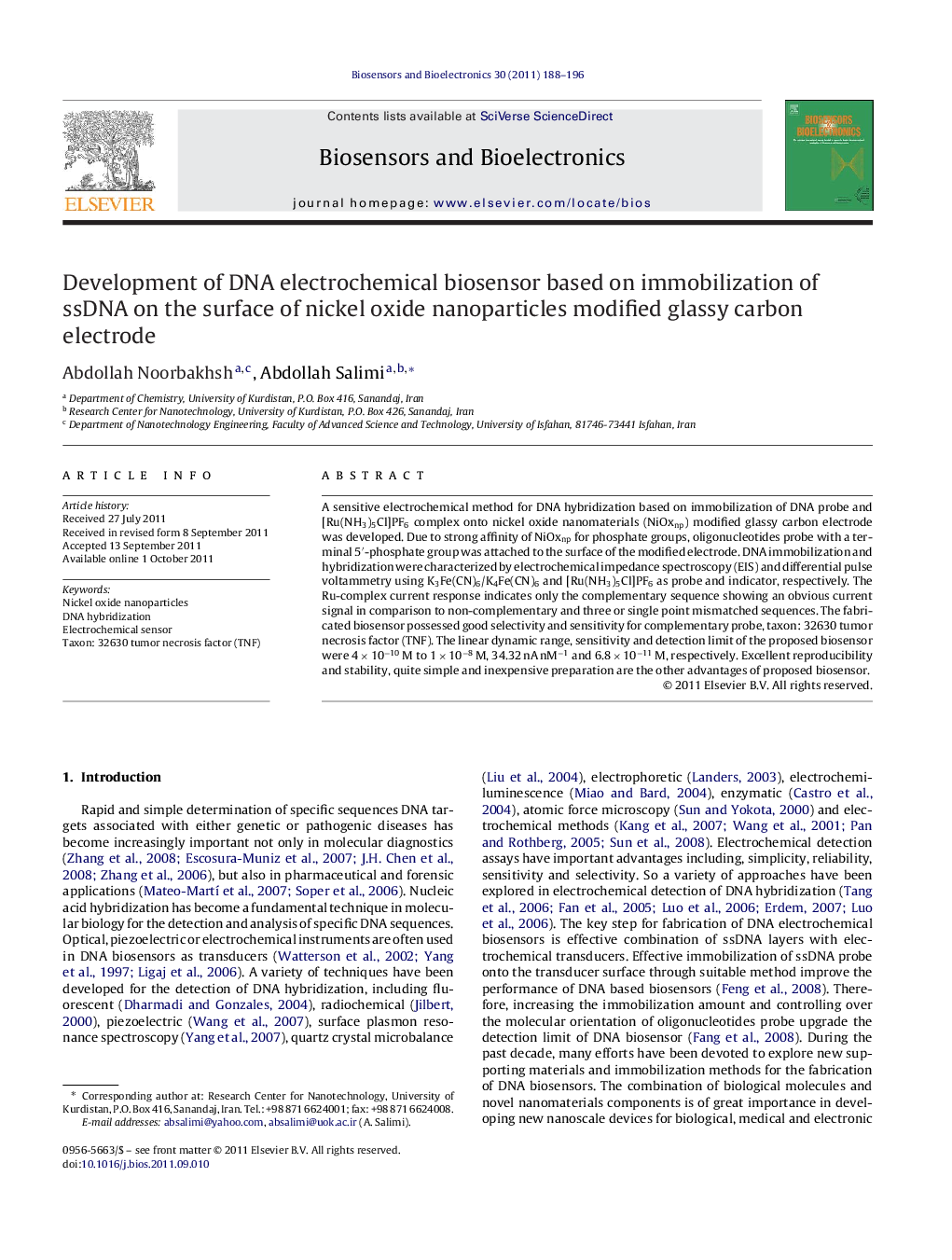 Development of DNA electrochemical biosensor based on immobilization of ssDNA on the surface of nickel oxide nanoparticles modified glassy carbon electrode