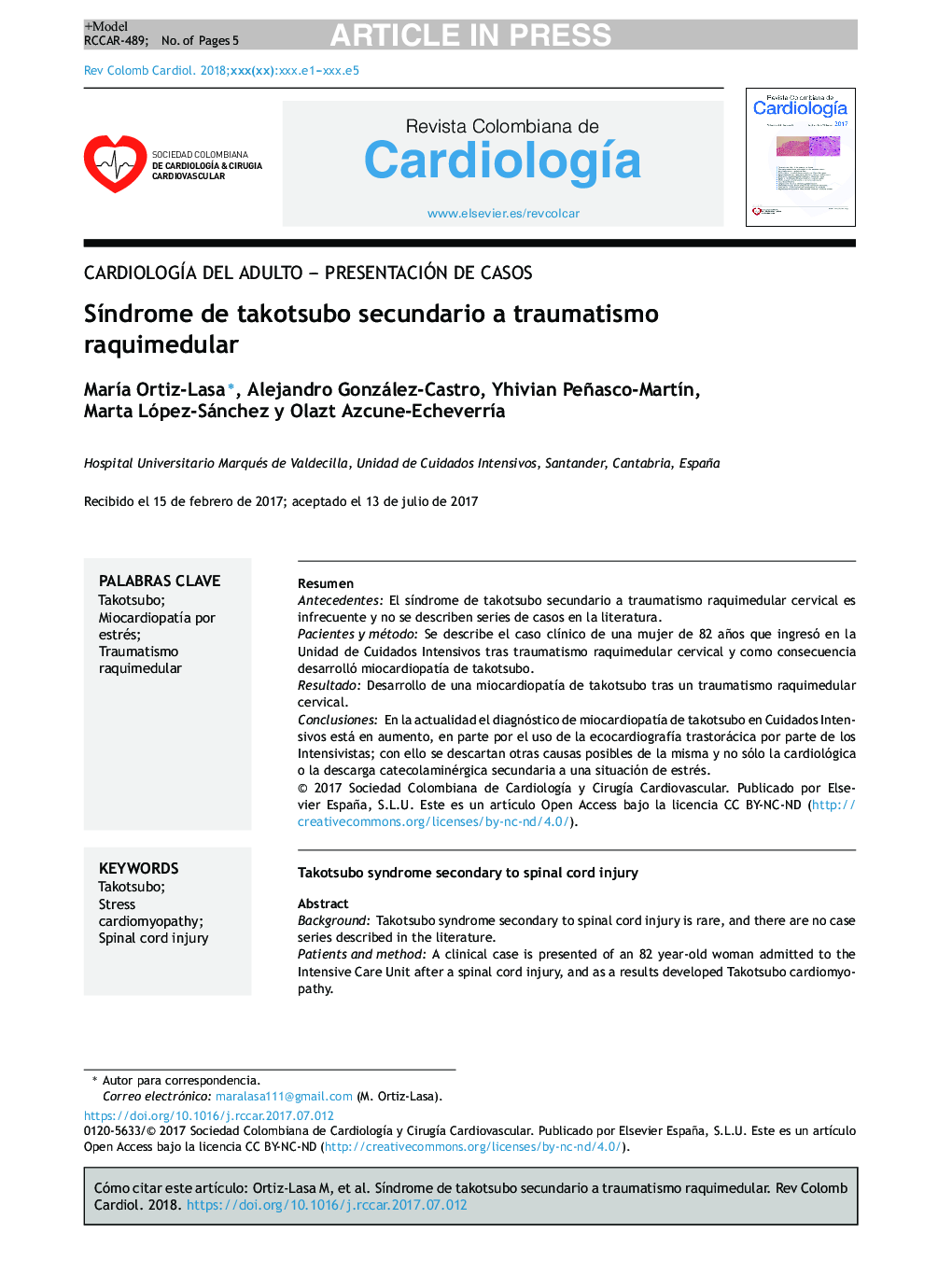 SÃ­ndrome de takotsubo secundario a traumatismo raquimedular