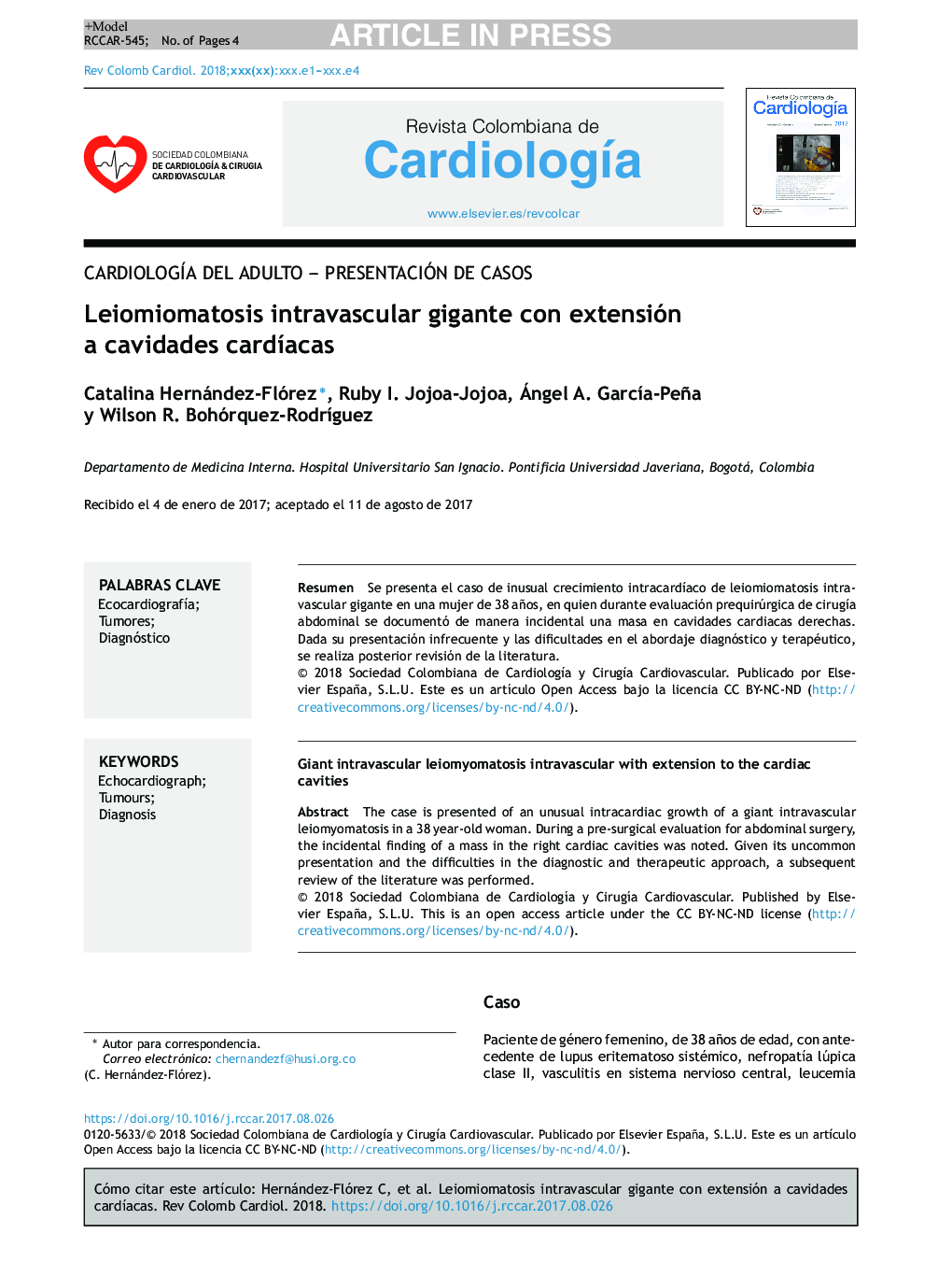 Leiomiomatosis intravascular gigante con extensión a cavidades cardÃ­acas