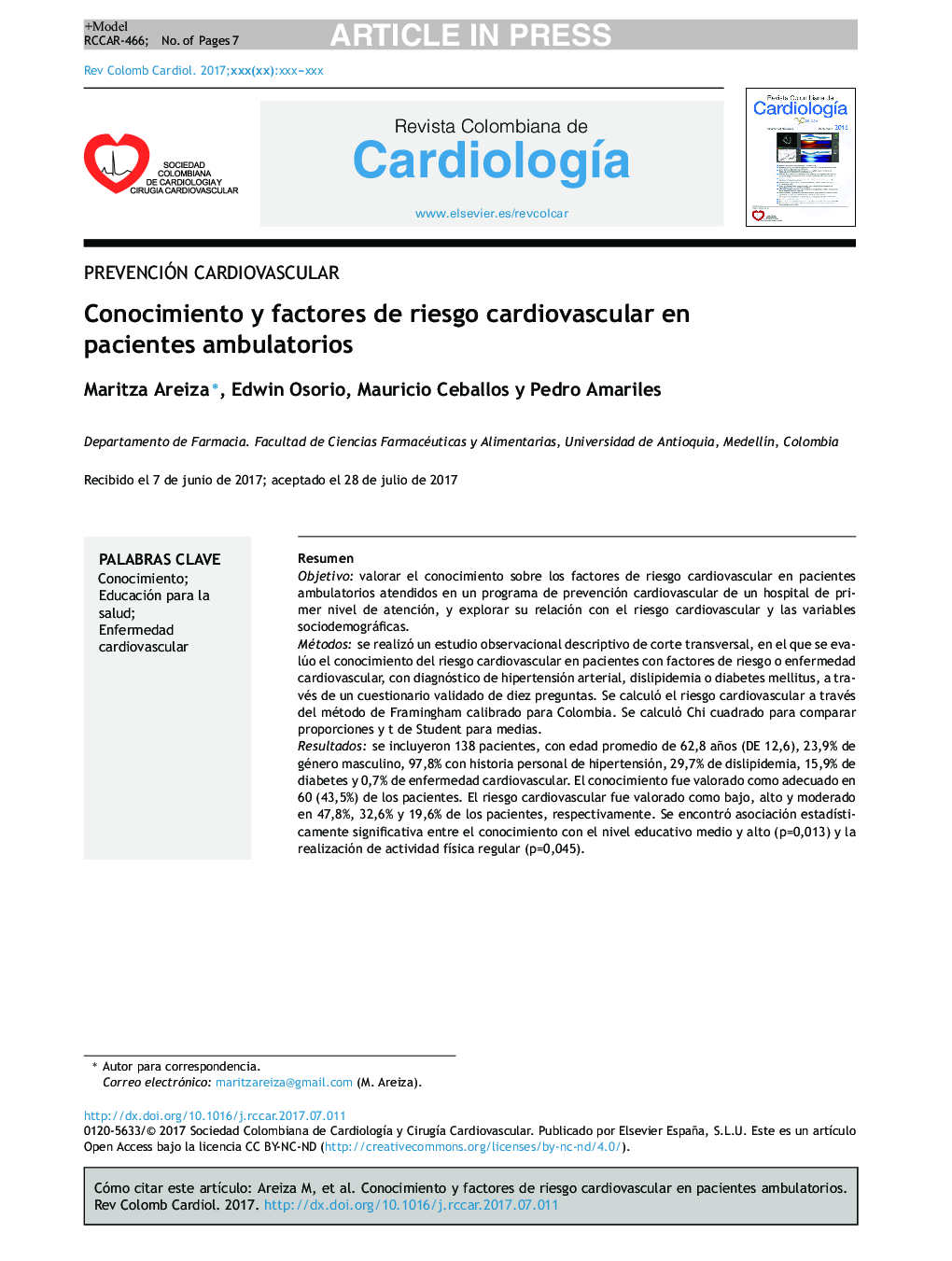 Conocimiento y factores de riesgo cardiovascular en pacientes ambulatorios