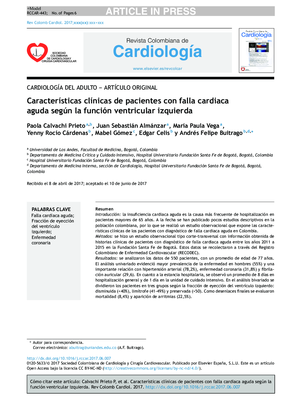 CaracterÃ­sticas clÃ­nicas de pacientes con falla cardiaca aguda según la función ventricular izquierda