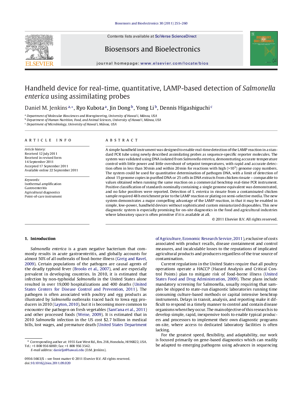 Handheld device for real-time, quantitative, LAMP-based detection of Salmonella enterica using assimilating probes