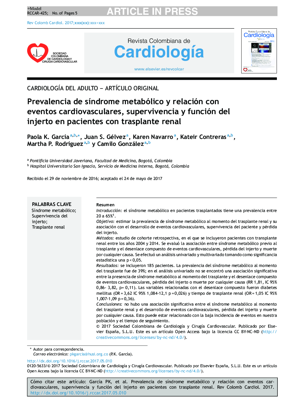 Prevalencia de sÃ­ndrome metabólico y relación con eventos cardiovasculares, supervivencia y función del injerto en pacientes con trasplante renal