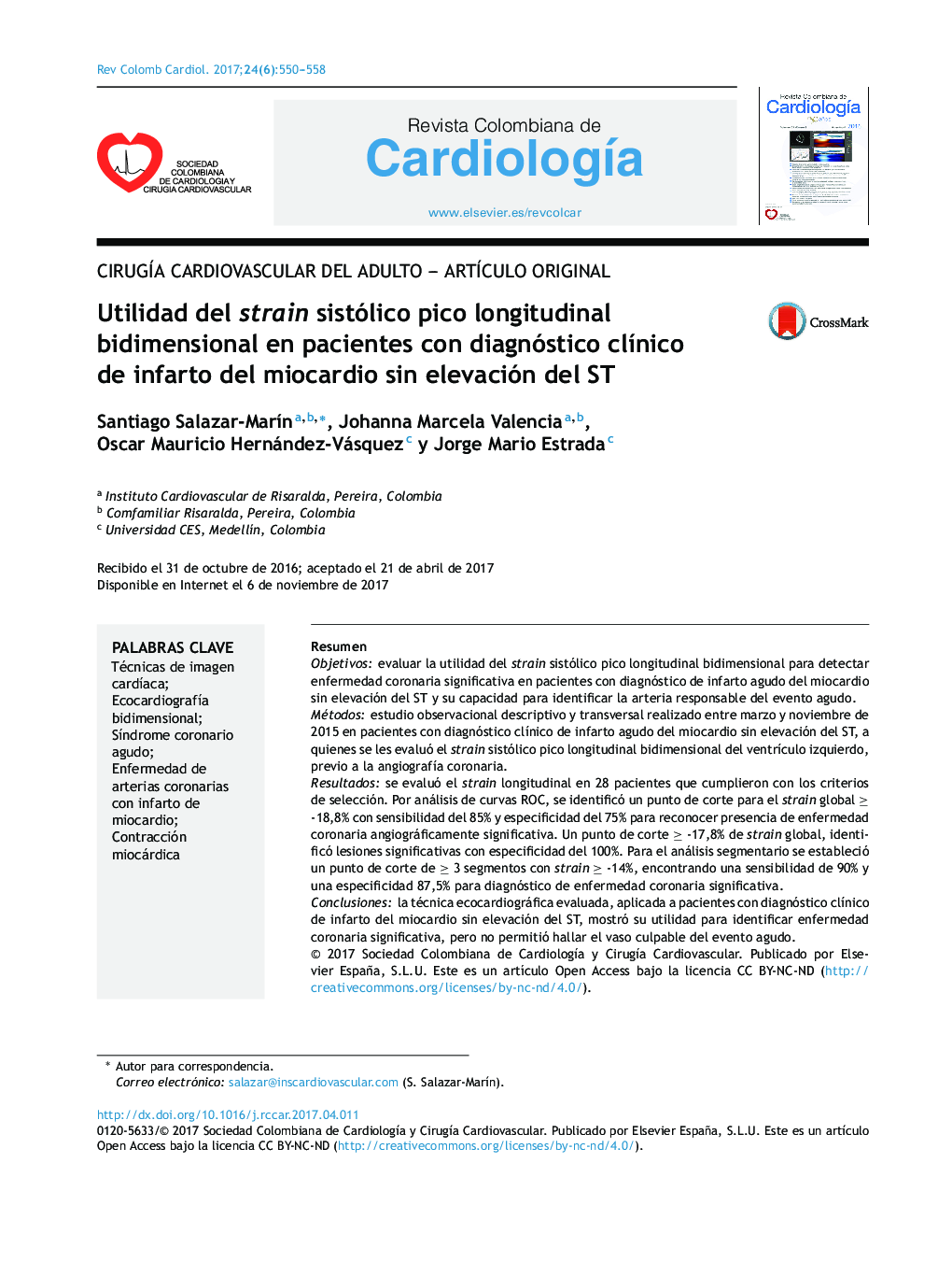 Utilidad del strain sistólico pico longitudinal bidimensional en pacientes con diagnóstico clÃ­nico de infarto del miocardio sin elevación del ST