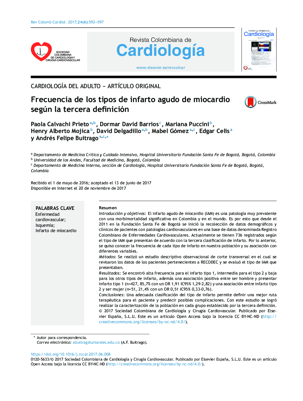 Frecuencia de los tipos de infarto agudo de miocardio según la tercera definición