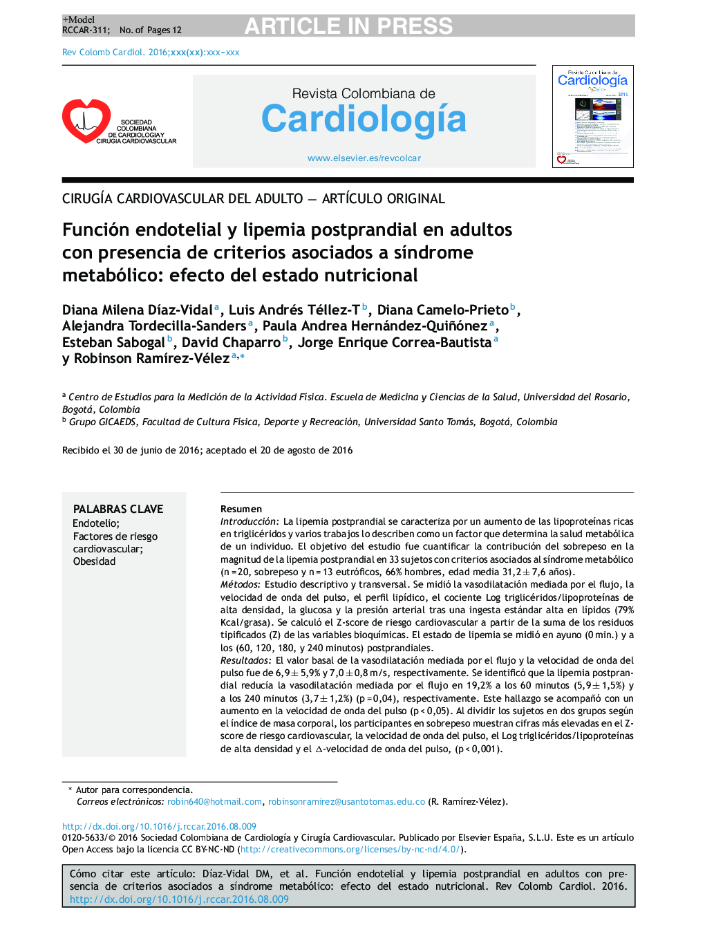 Función endotelial y lipemia postprandial en adultos con presencia de criterios asociados a sÃ­ndrome metabólico: efecto del estado nutricional