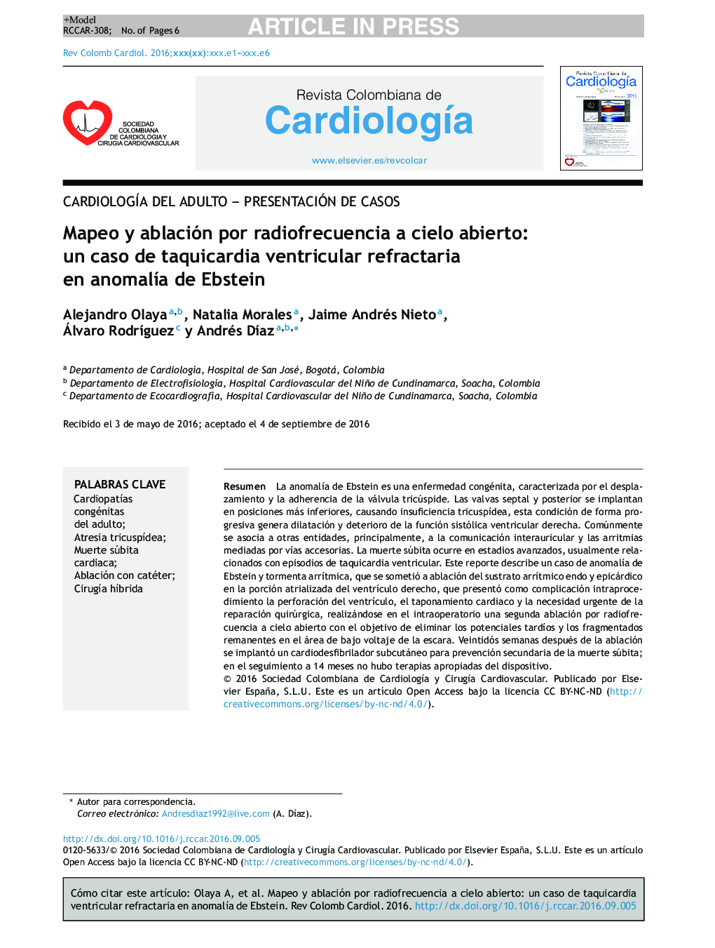 Mapeo y ablación por radiofrecuencia a cielo abierto: un caso de taquicardia ventricular refractaria en anomalÃ­a de Ebstein