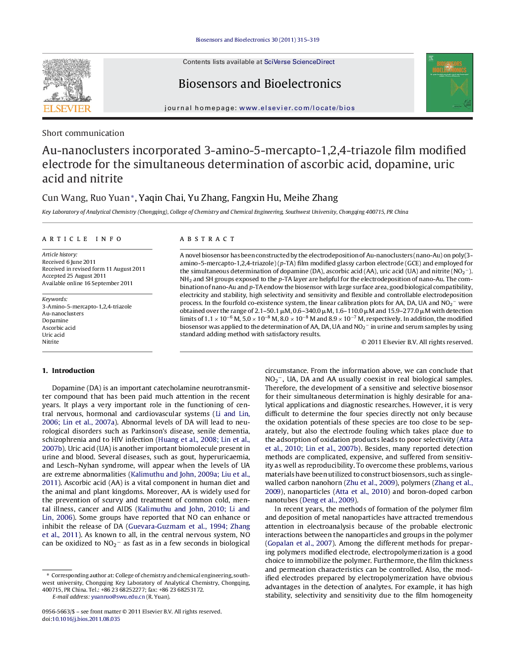 Au-nanoclusters incorporated 3-amino-5-mercapto-1,2,4-triazole film modified electrode for the simultaneous determination of ascorbic acid, dopamine, uric acid and nitrite