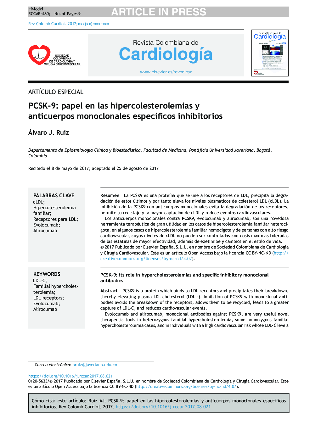 PCSK-9: papel en las hipercolesterolemias y anticuerpos monoclonales especÃ­ficos inhibitorios