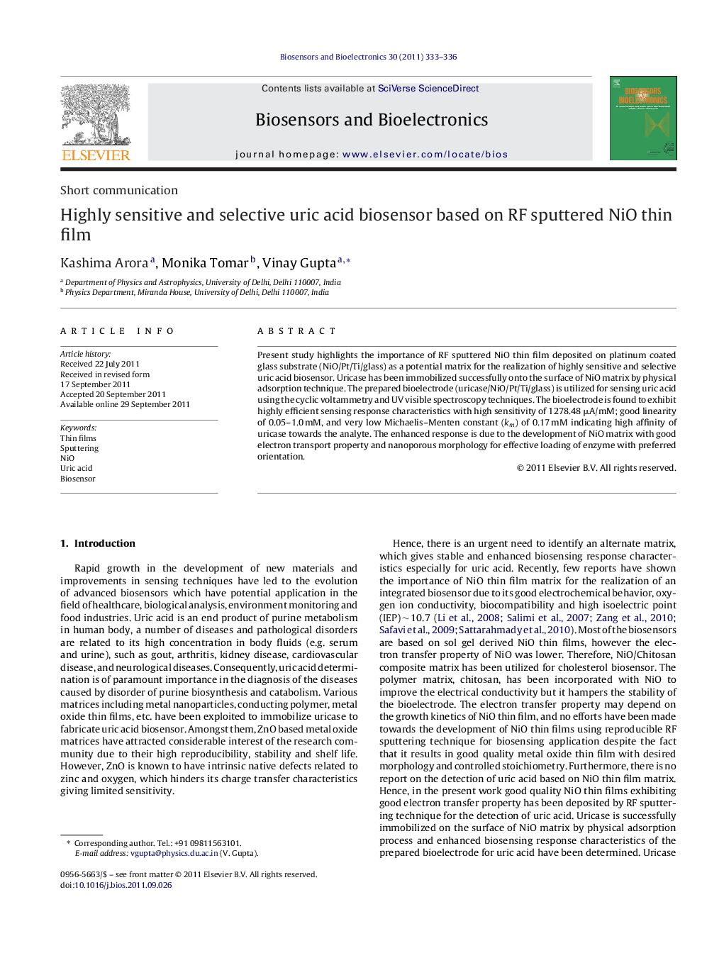 Highly sensitive and selective uric acid biosensor based on RF sputtered NiO thin film